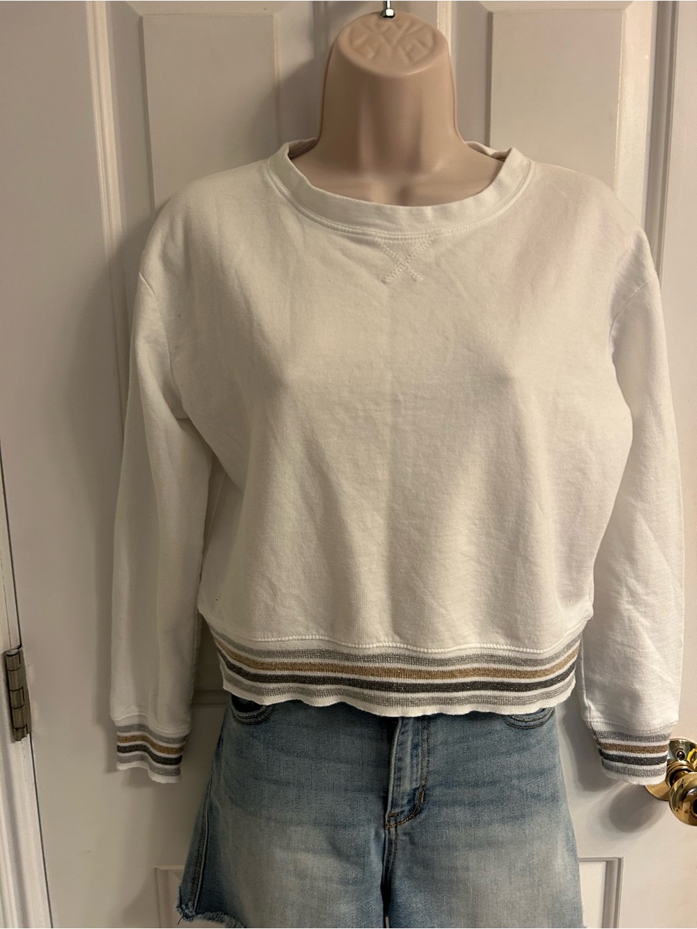 Women’s Splendid White Crewneck with Silver and Gold Stripe Hem and cuffs